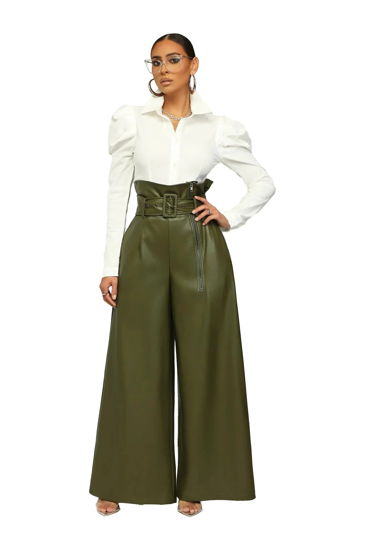 Women's Fashion Faux Leather High Waist with Sashes Zipper Side Wide Leg Loose Pants Street PU Trousers