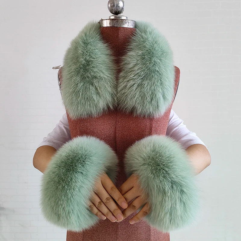 100% Real Fox Fur Collar Winter Coat Hood Fur Scarf Cuffs Set Jacket Match Overcoats Accessory Women Neck Warmer Scarves