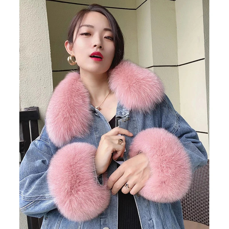 100% Real Fox Fur Collar Winter Coat Hood Fur Scarf Cuffs Set Jacket Match Overcoats Accessory Women Neck Warmer Scarves
