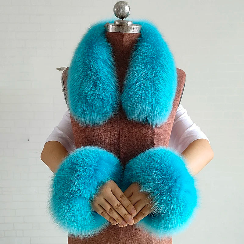 100% Real Fox Fur Collar Winter Coat Hood Fur Scarf Cuffs Set Jacket Match Overcoats Accessory Women Neck Warmer Scarves