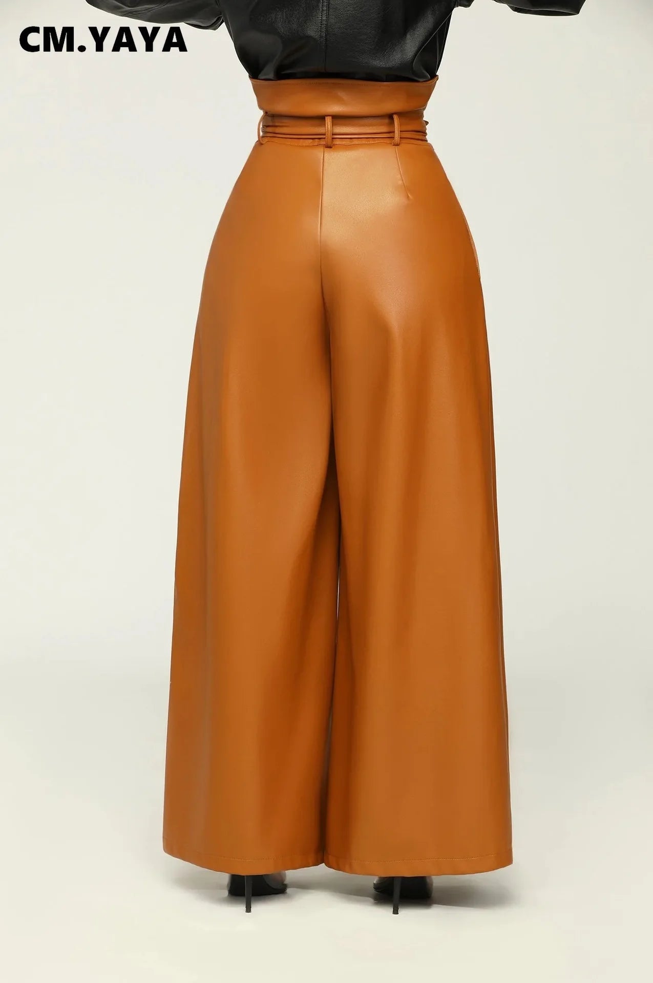 Women's Fashion Faux Leather High Waist with Sashes Zipper Side Wide Leg Loose Pants Street PU Trousers