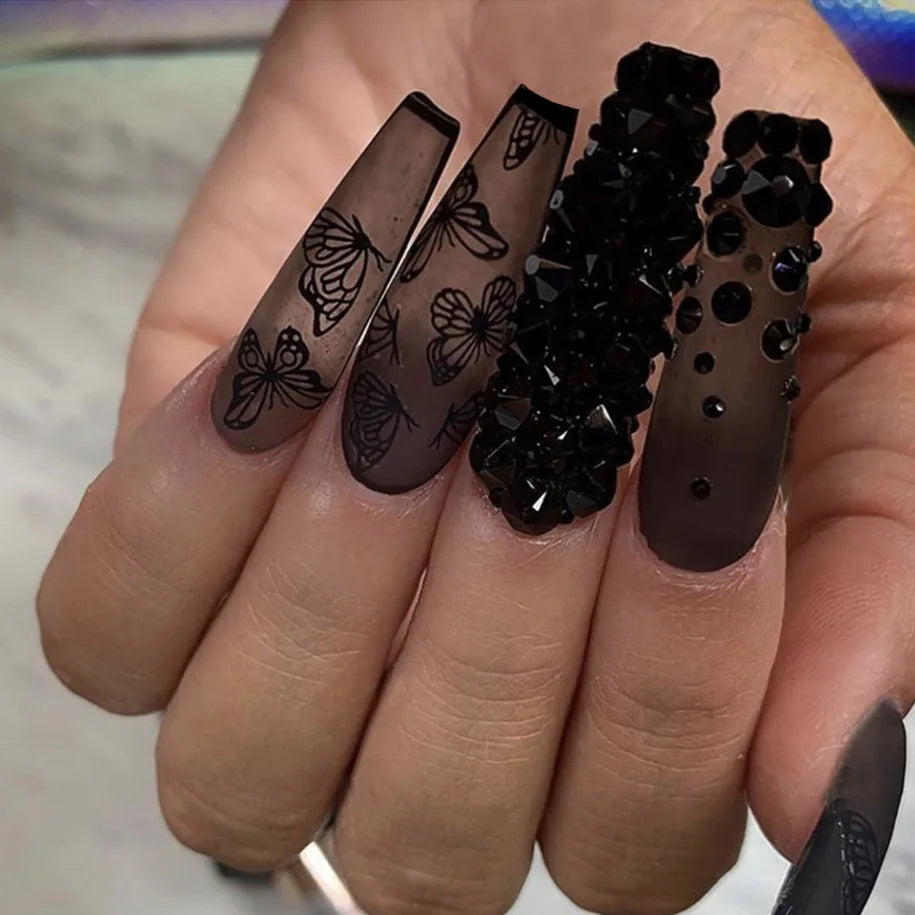 24Pcs Black French Press on Fake Nails Diamonds Bow Design False Nails Elegant Glitter Nail Long Square Full Cover Manicure Tips