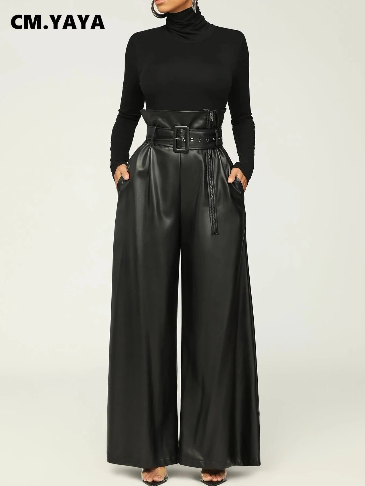 Women's Fashion Faux Leather High Waist with Sashes Zipper Side Wide Leg Loose Pants Street PU Trousers