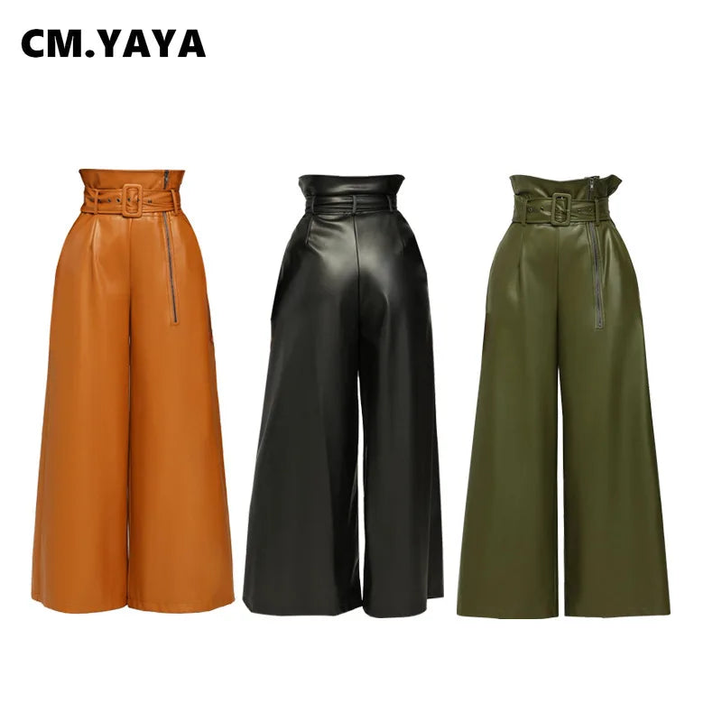 Women's Fashion Faux Leather High Waist with Sashes Zipper Side Wide Leg Loose Pants Street PU Trousers
