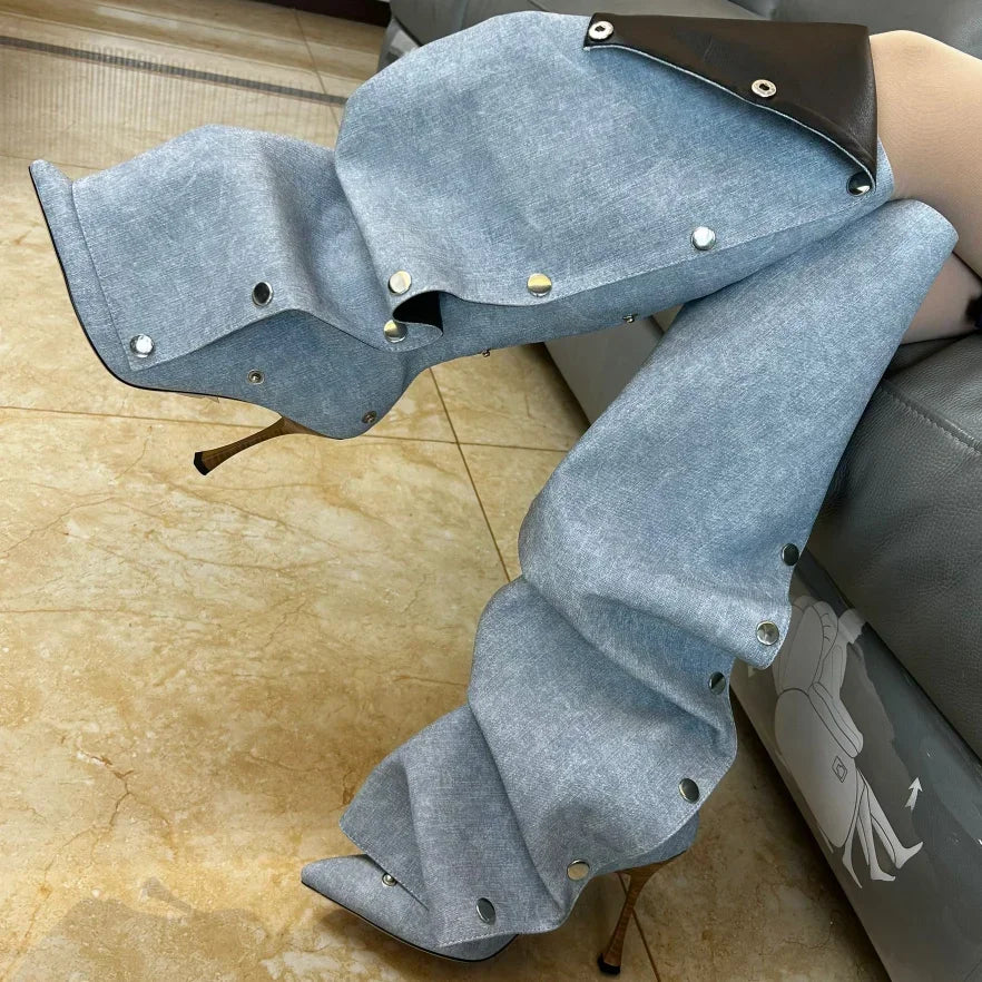 Women's High Heel Long Boots Thin Heeled Pointed Denim Metal Button Shoe