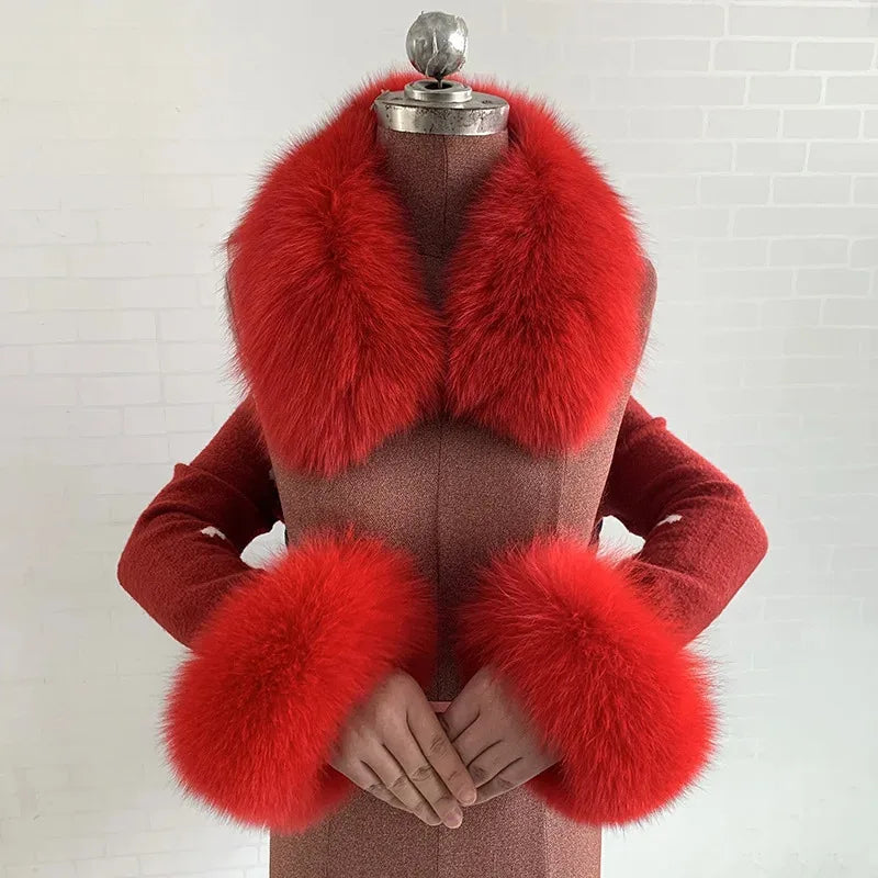 100% Real Fox Fur Collar Winter Coat Hood Fur Scarf Cuffs Set Jacket Match Overcoats Accessory Women Neck Warmer Scarves