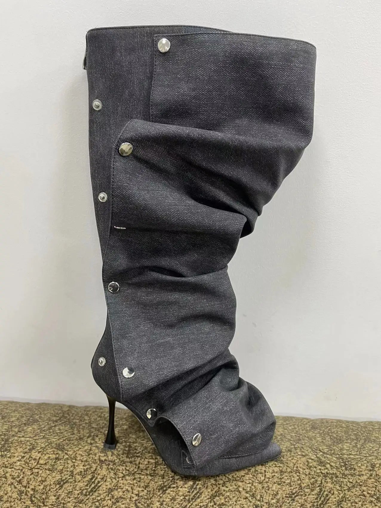 Women's High Heel Long Boots Thin Heeled Pointed Denim Metal Button Shoe