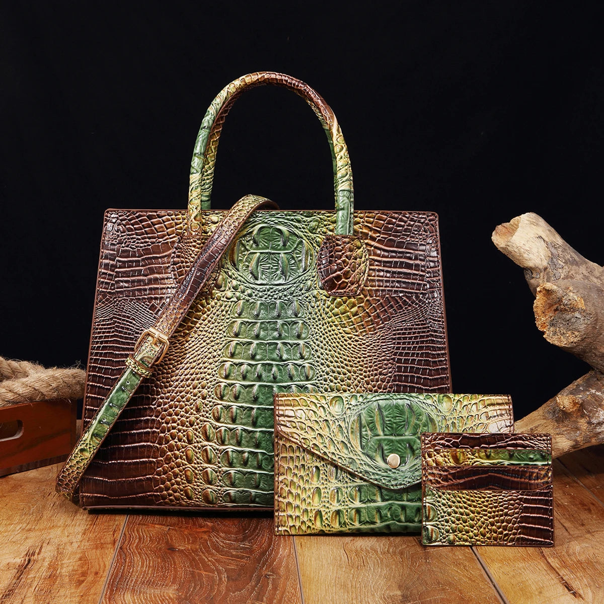 3 Pcs Crocodile Pattern Handbag & Purses Set, Multi-functional Vintage Top Handle Crossbody Bag & Business Clutch Bag & Card Coi