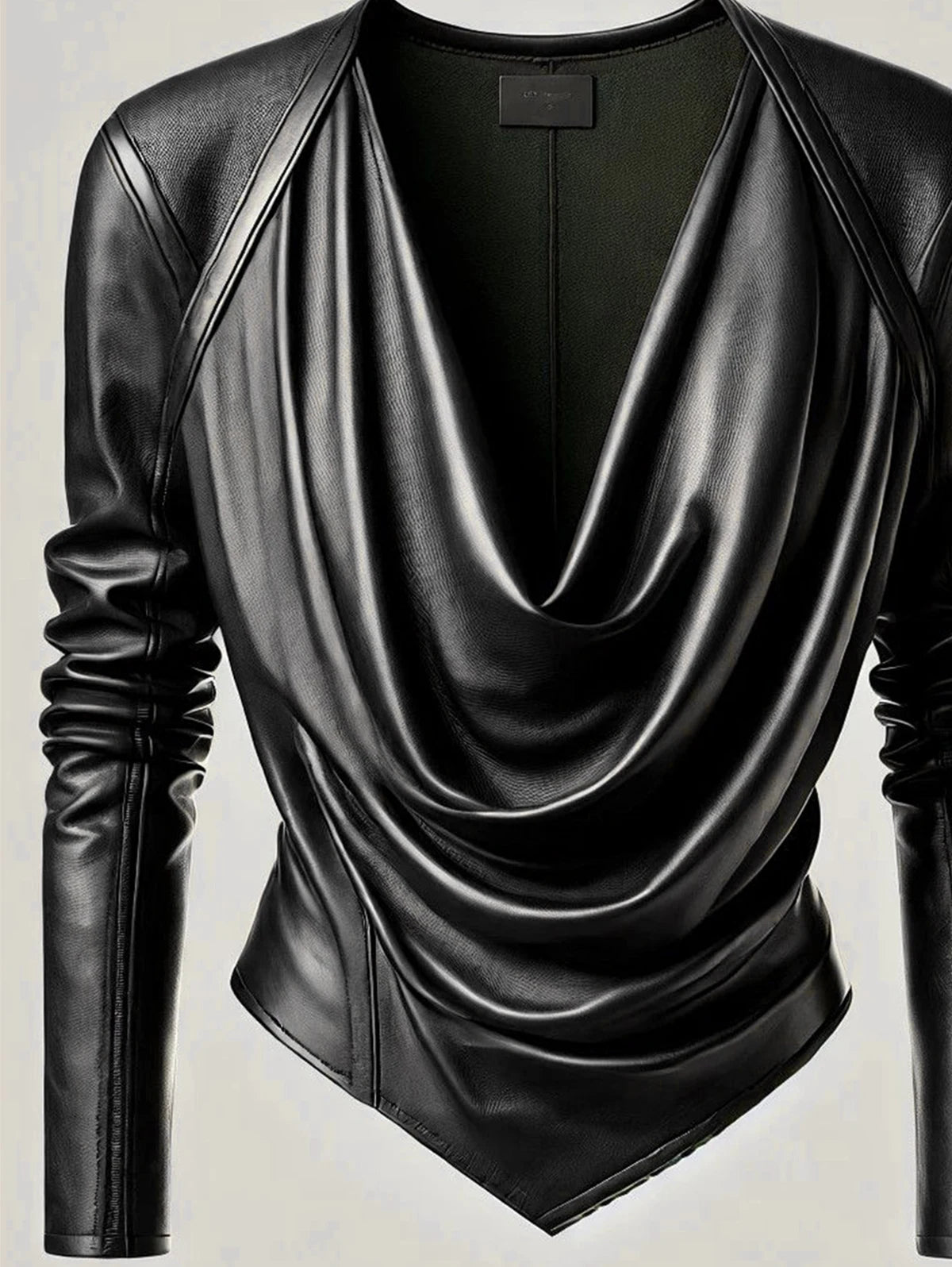 Women Cowl V Neck PU Leather Long Sleeve Blouse