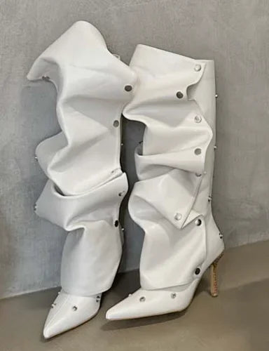 Women's High Heel Long Boots Thin Heeled Pointed Denim Metal Button Shoe