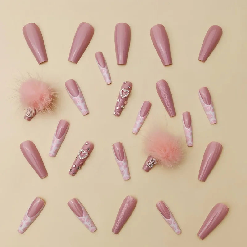 24Pcs Extra Long Square Press on Nails Love Pattern Design French Wearable Full Cover Fake Nail Tips Artifical Coffin False Nail