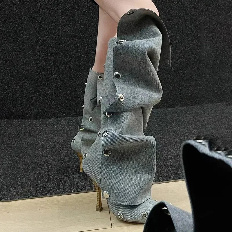 Women's High Heel Long Boots Thin Heeled Pointed Denim Metal Button Shoe