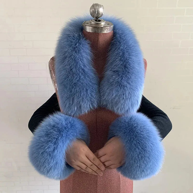 100% Real Fox Fur Collar Winter Coat Hood Fur Scarf Cuffs Set Jacket Match Overcoats Accessory Women Neck Warmer Scarves