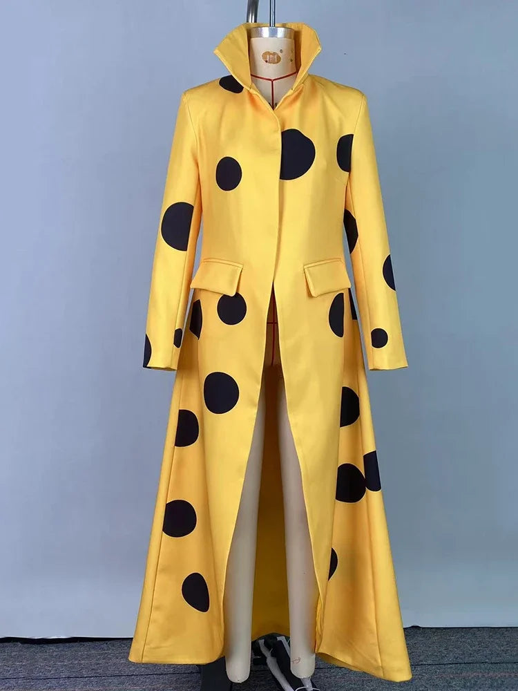 Women's Polka-Dot Woolen Coat Long Jacket Split-Joint Long Sleeves Lapel Elegant Yellow