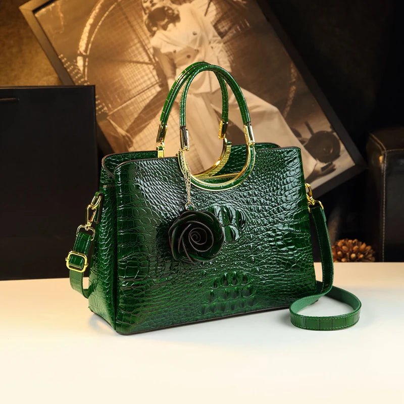Genuine Leather Women's Handbags Crocodile Pattern Lady Flower Tassel Shoulder Messenger Bag Fashion Wedding Top Handle Bags
