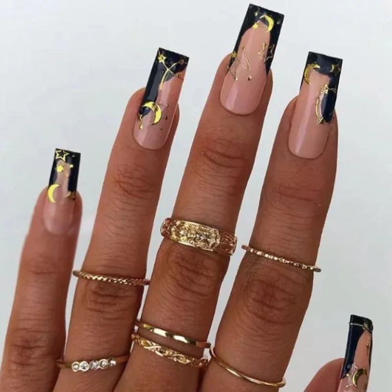 24Pcs Black French Press on Fake Nails Diamonds Bow Design False Nails Elegant Glitter Nail Long Square Full Cover Manicure Tips