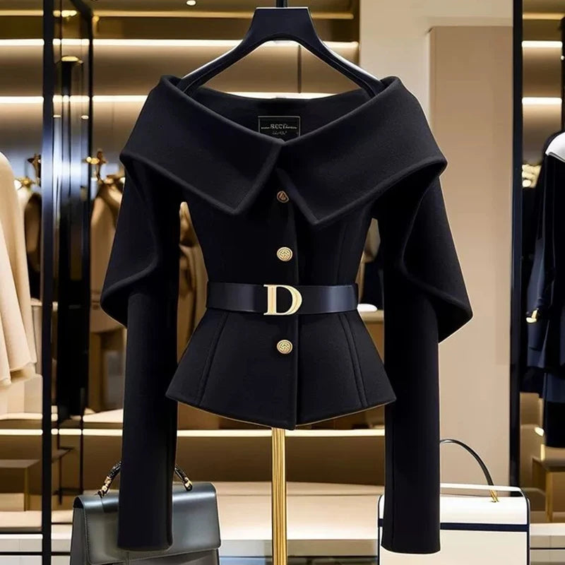 Women's Chic Black Short Jacket High-end Shoulder Outwear Single-breasted Coat