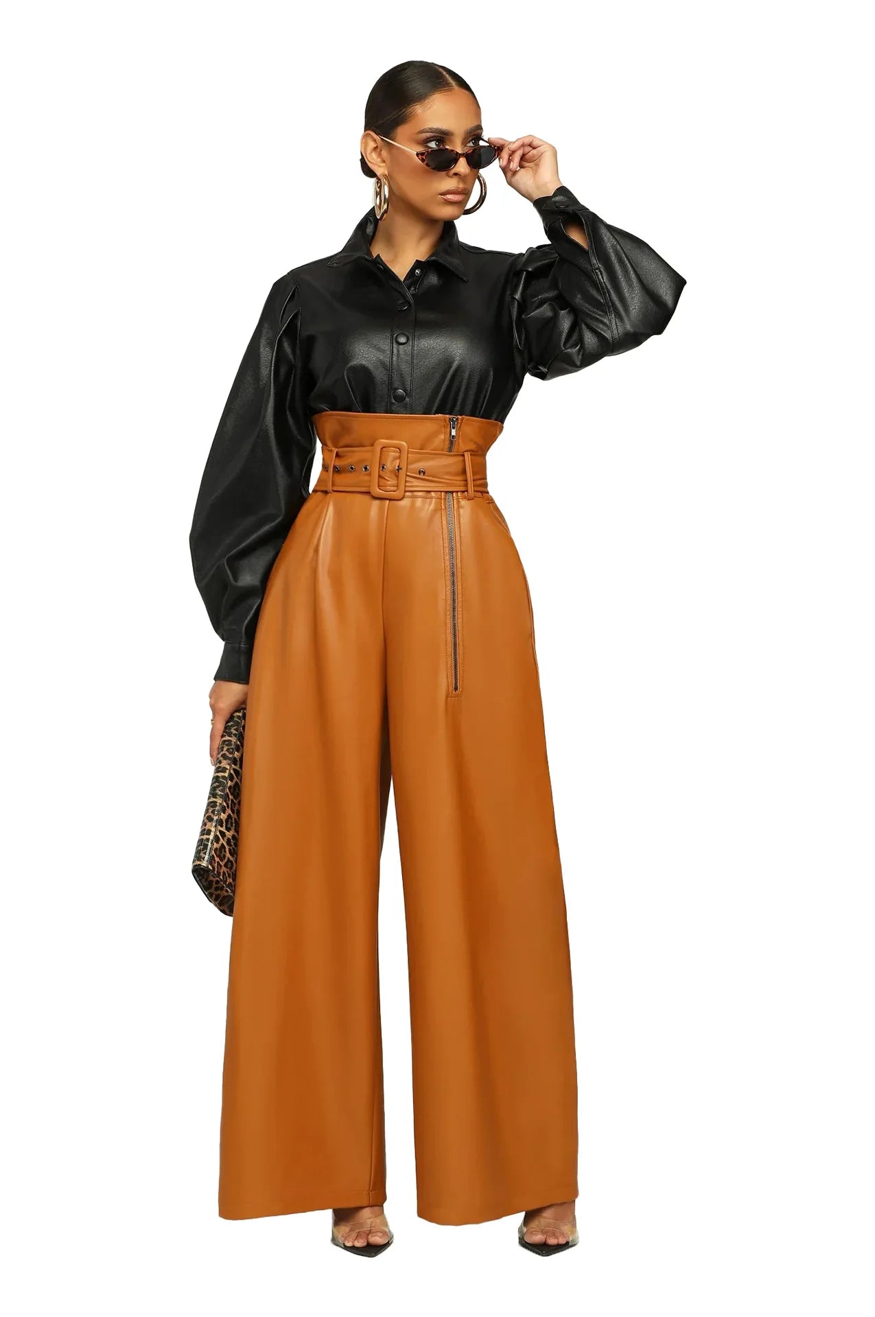 Women's Fashion Faux Leather High Waist with Sashes Zipper Side Wide Leg Loose Pants Street PU Trousers