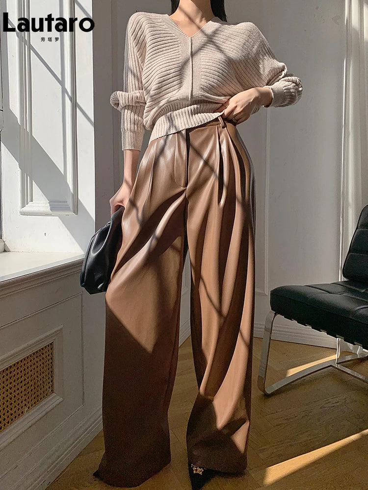 Women's Loose Casual Soft Black Burgundy Pu Leather Wide Leg Pants