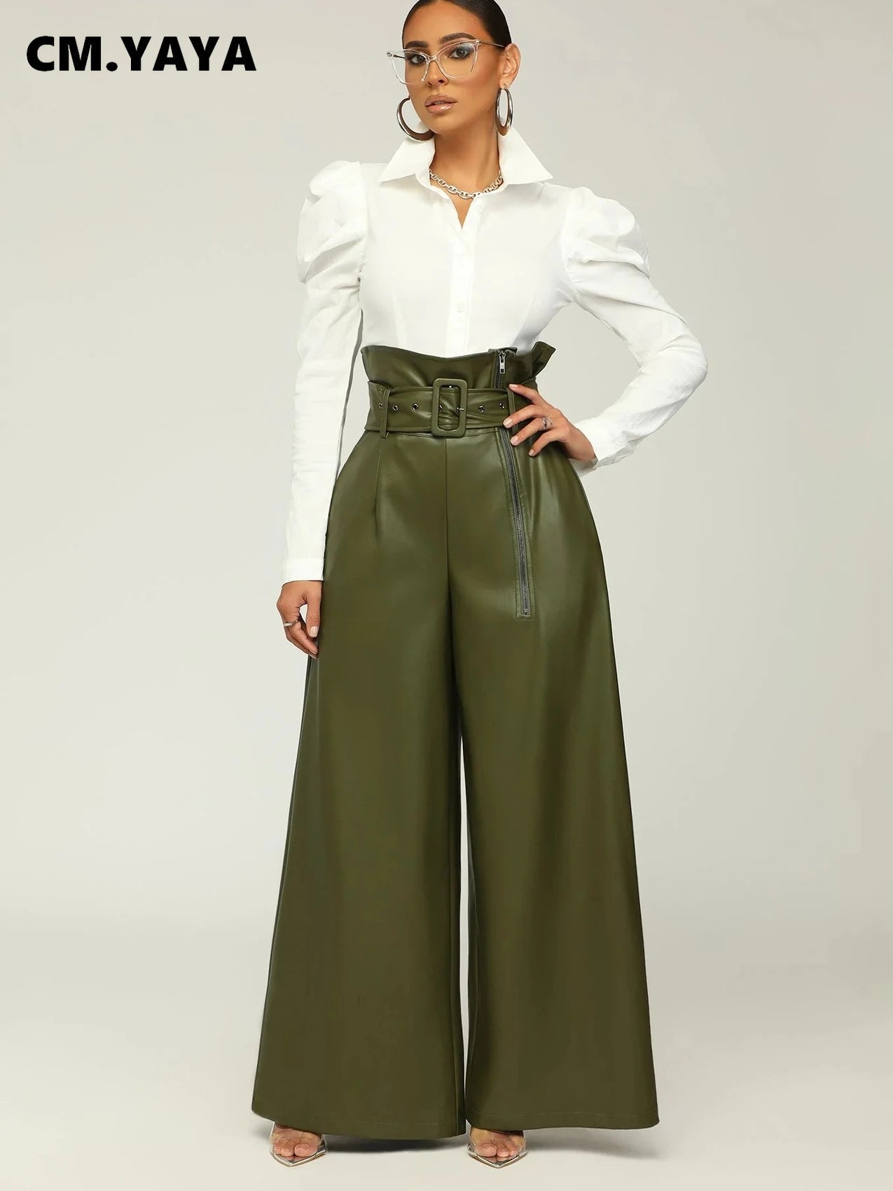 Women's Fashion Faux Leather High Waist with Sashes Zipper Side Wide Leg Loose Pants Street PU Trousers