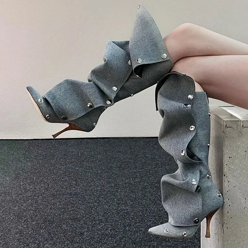 Women's High Heel Long Boots Thin Heeled Pointed Denim Metal Button Shoe