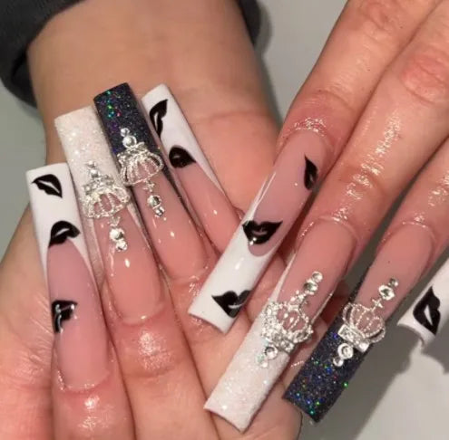 24Pcs Black French Press on Fake Nails Diamonds Bow Design False Nails Elegant Glitter Nail Long Square Full Cover Manicure Tips