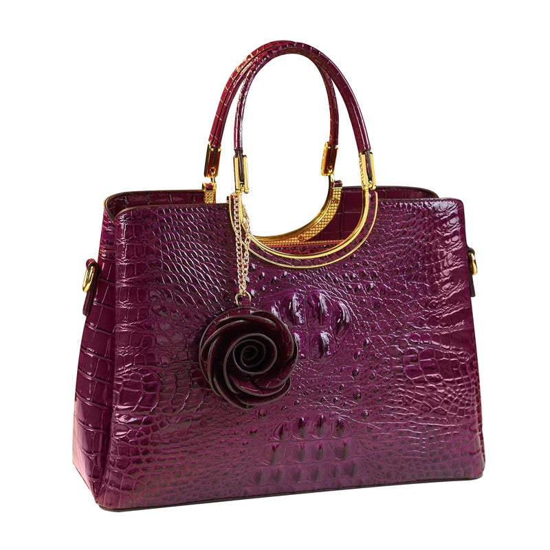 Genuine Leather Women's Handbags Crocodile Pattern Lady Flower Tassel Shoulder Messenger Bag Fashion Wedding Top Handle Bags