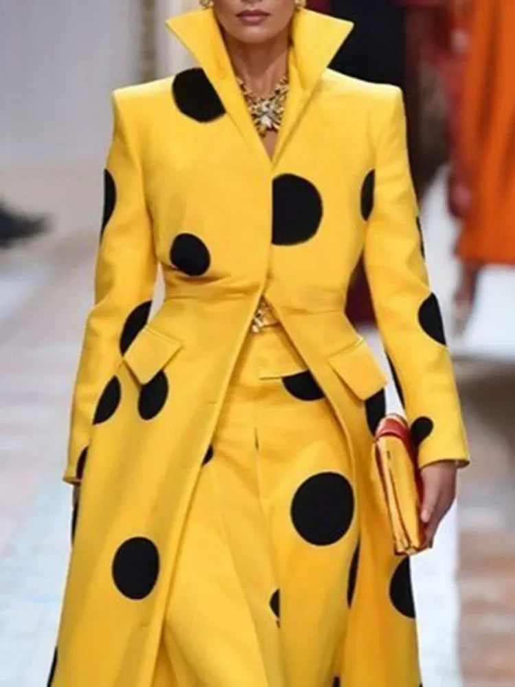 Women's Polka-Dot Woolen Coat Long Jacket Split-Joint Long Sleeves Lapel Elegant Yellow