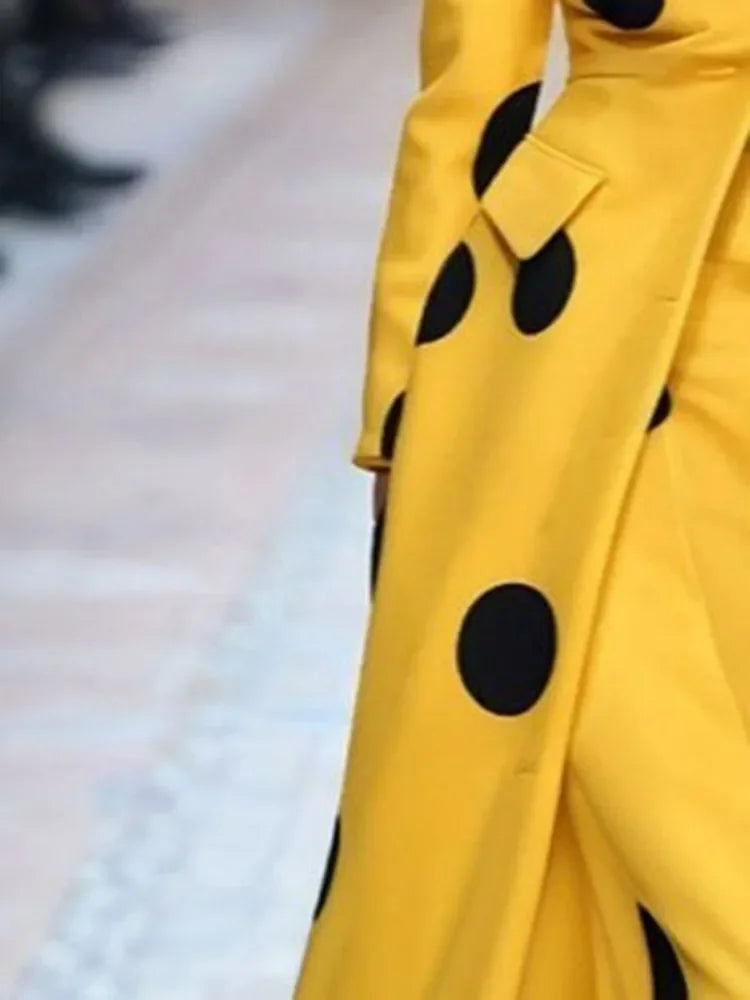 Women's Polka-Dot Woolen Coat Long Jacket Split-Joint Long Sleeves Lapel Elegant Yellow