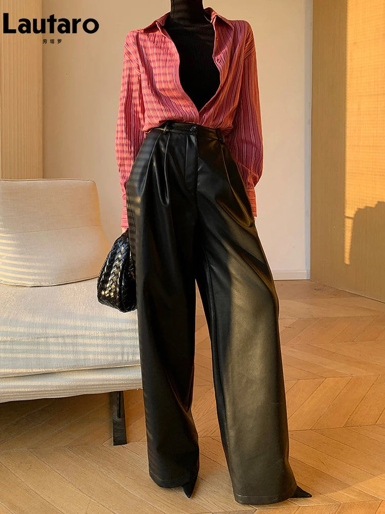 Women's Loose Casual Soft Black Burgundy Pu Leather Wide Leg Pants