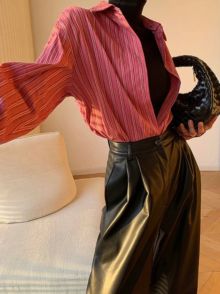 Women's Loose Casual Soft Black Burgundy Pu Leather Wide Leg Pants