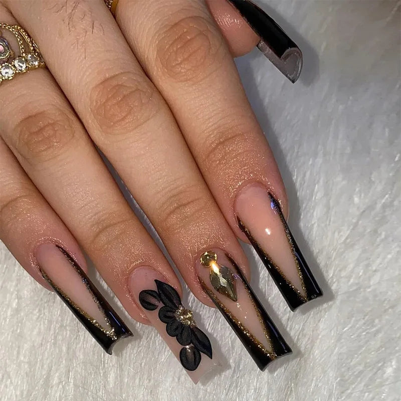 24Pcs Black French Press on Fake Nails Diamonds Bow Design False Nails Elegant Glitter Nail Long Square Full Cover Manicure Tips