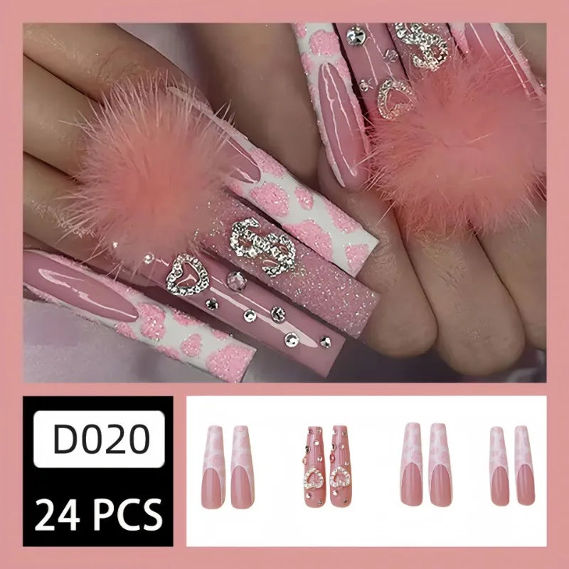 24Pcs Extra Long Square Press on Nails Love Pattern Design French Wearable Full Cover Fake Nail Tips Artifical Coffin False Nail