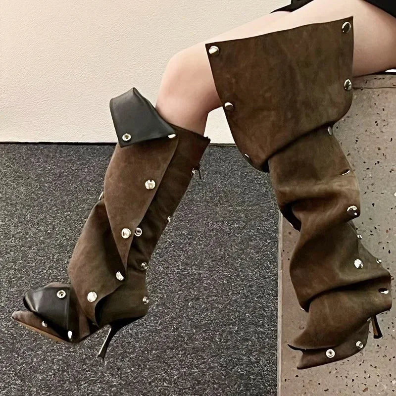 Women's High Heel Long Boots Thin Heeled Pointed Denim Metal Button Shoe