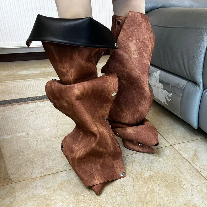 Women's High Heel Long Boots Thin Heeled Pointed Denim Metal Button Shoe