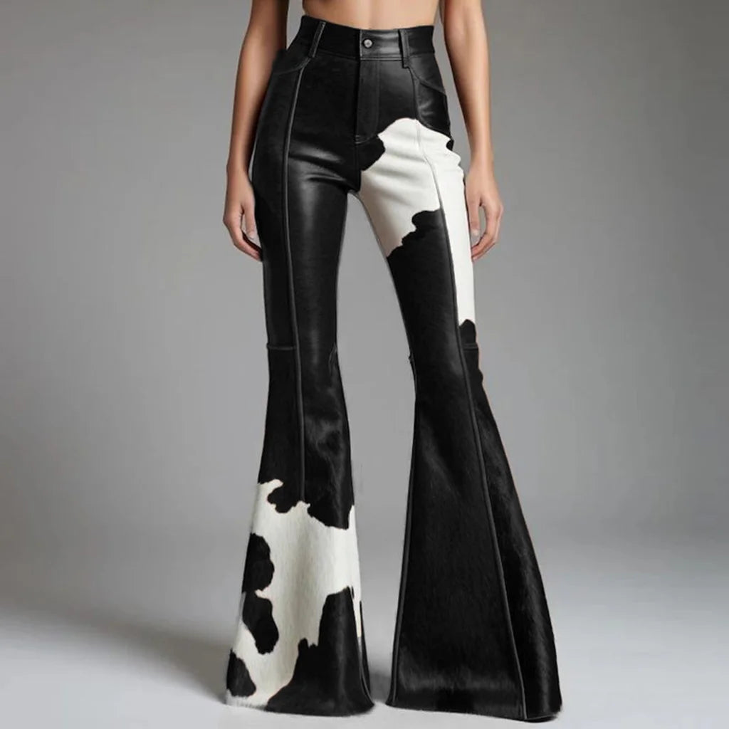 Women's Cow Pattern Leather PU Flare Pant High Waist Slim Faux Leather Pants