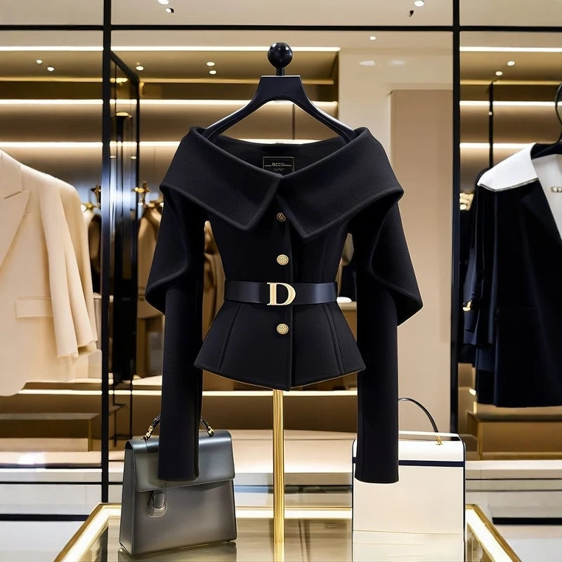 Women's Chic Black Short Jacket High-end Shoulder Outwear Single-breasted Coat
