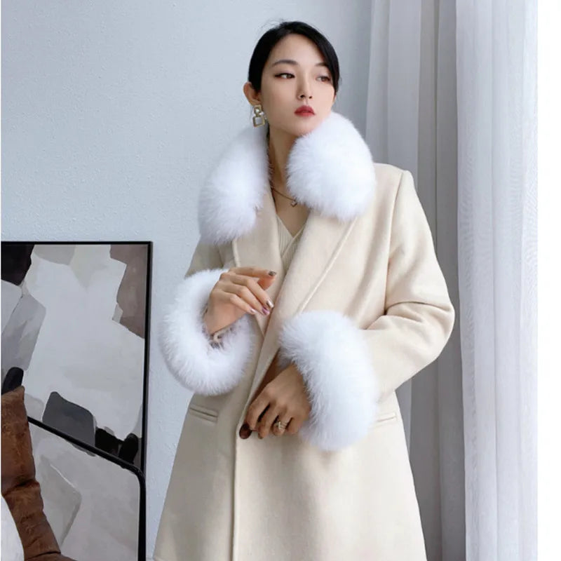 100% Real Fox Fur Collar Winter Coat Hood Fur Scarf Cuffs Set Jacket Match Overcoats Accessory Women Neck Warmer Scarves