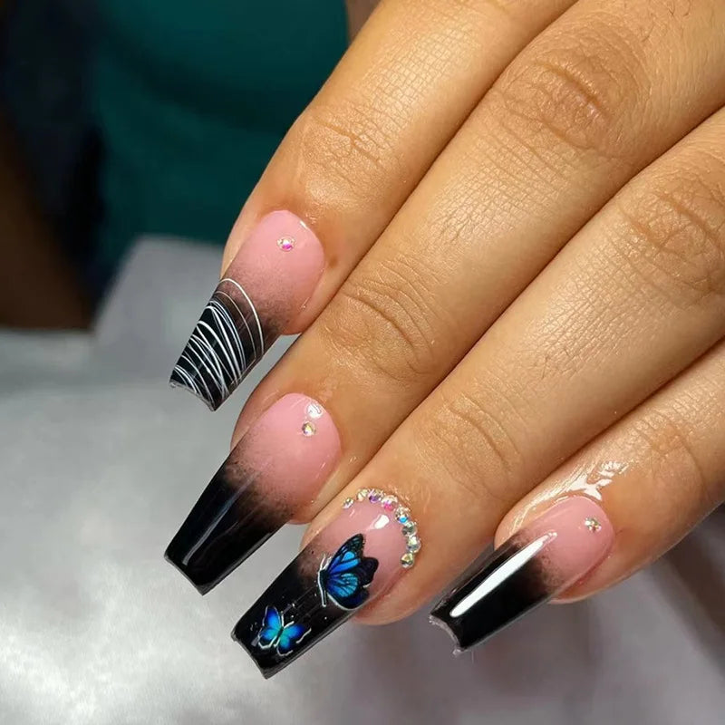 24Pcs Black French Press on Fake Nails Diamonds Bow Design False Nails Elegant Glitter Nail Long Square Full Cover Manicure Tips