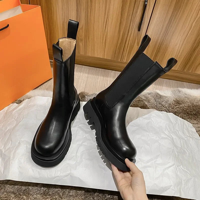 Women's Classics Chelsea Boots Black Ankle Boots Genuine Leather Platform Short Boots Slip on Elastic Band