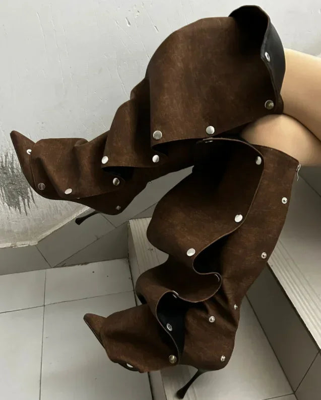 Women's High Heel Long Boots Thin Heeled Pointed Denim Metal Button Shoe