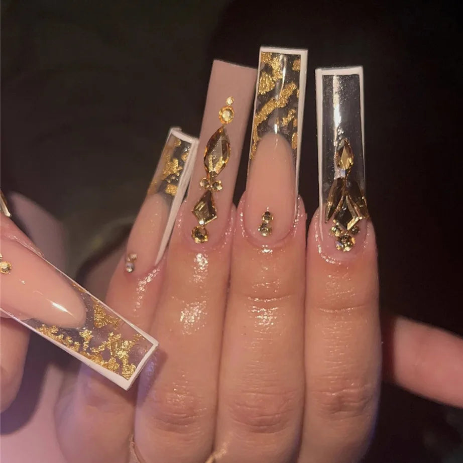 24Pcs Black French Press on Fake Nails Diamonds Bow Design False Nails Elegant Glitter Nail Long Square Full Cover Manicure Tips
