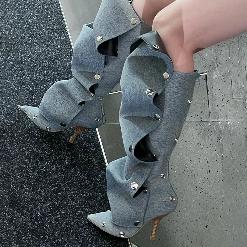 Women's High Heel Long Boots Thin Heeled Pointed Denim Metal Button Shoe