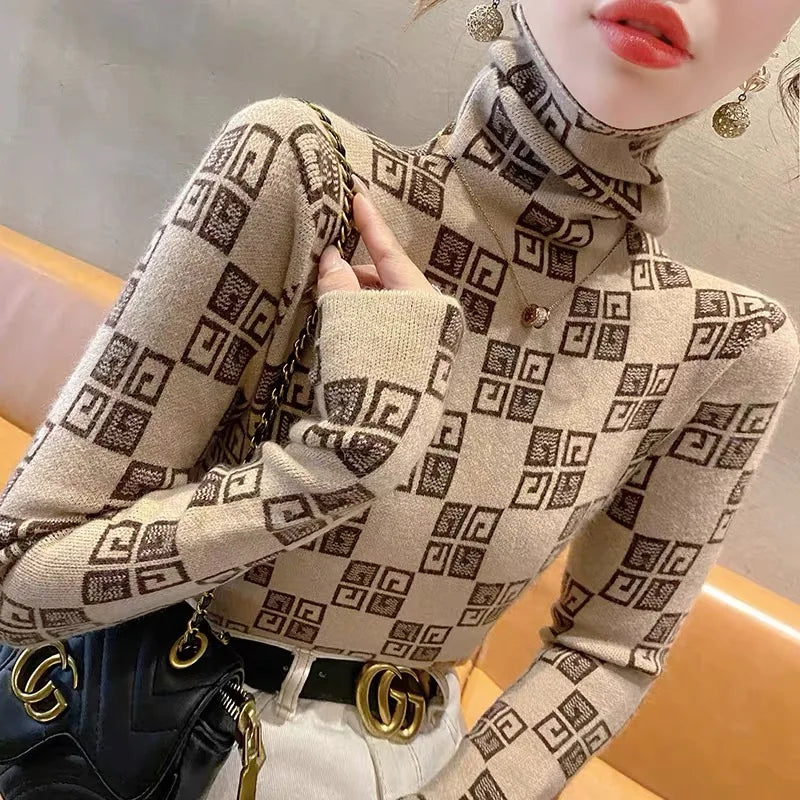 Women's Turtleneck Vintage Jacquard Slim Sweaters Chic Casual Soft Knitted Pullovers