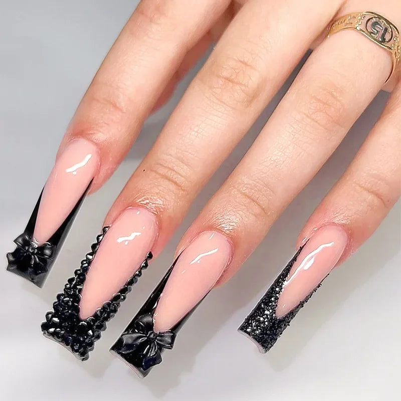 24Pcs Black French Press on Fake Nails Diamonds Bow Design False Nails Elegant Glitter Nail Long Square Full Cover Manicure Tips