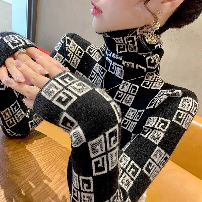 Women's Turtleneck Vintage Jacquard Slim Sweaters Chic Casual Soft Knitted Pullovers