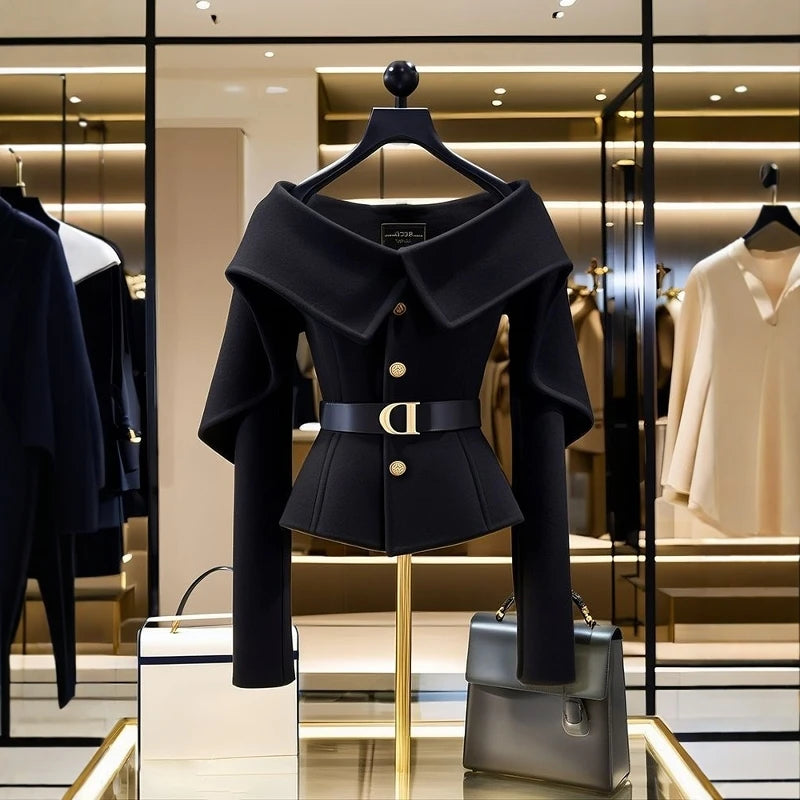 Women's Chic Black Short Jacket High-end Shoulder Outwear Single-breasted Coat