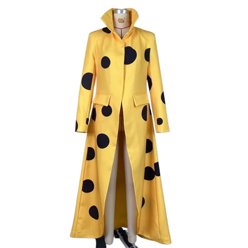 Women's Polka-Dot Woolen Coat Long Jacket Split-Joint Long Sleeves Lapel Elegant Yellow