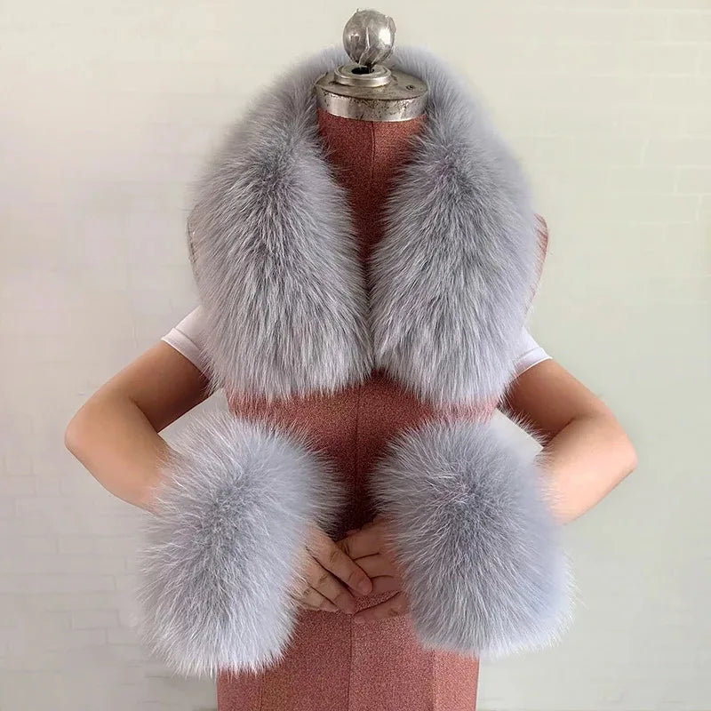 100% Real Fox Fur Collar Winter Coat Hood Fur Scarf Cuffs Set Jacket Match Overcoats Accessory Women Neck Warmer Scarves