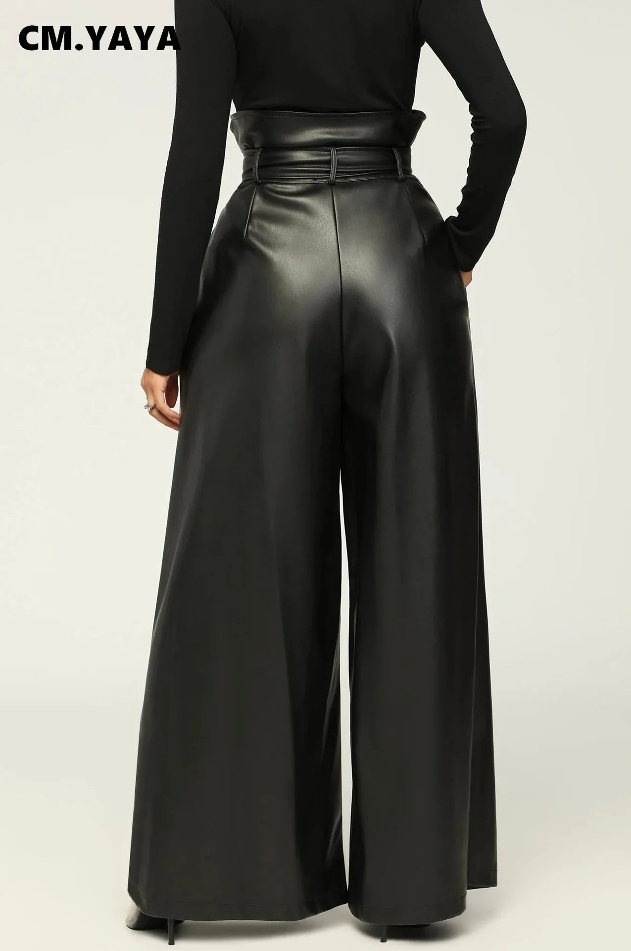 Women's Fashion Faux Leather High Waist with Sashes Zipper Side Wide Leg Loose Pants Street PU Trousers